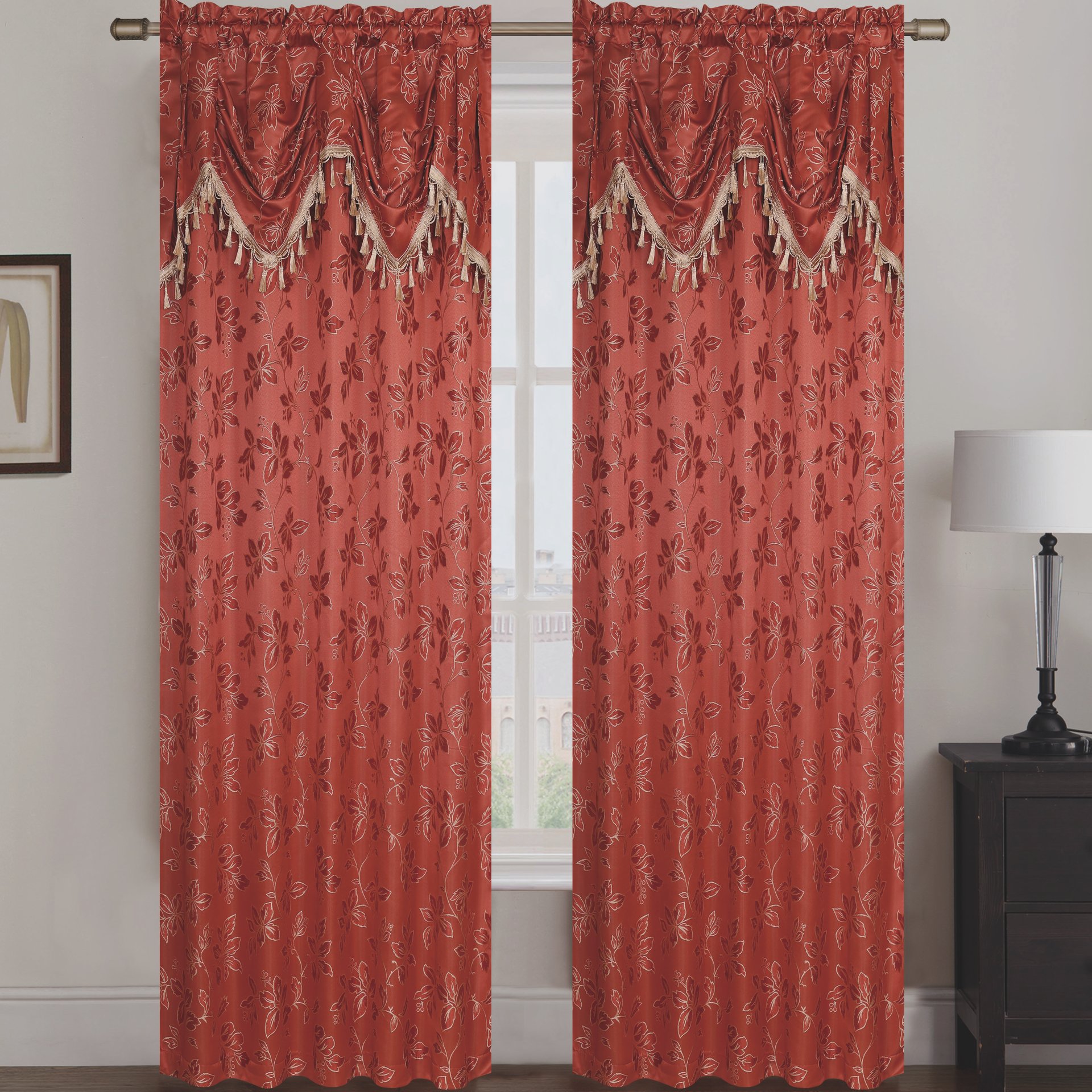 Shelly Jacquard Rod Pocket Panel Set of Two with Attached Valance, showcasing elegant fabric design and rich texture.