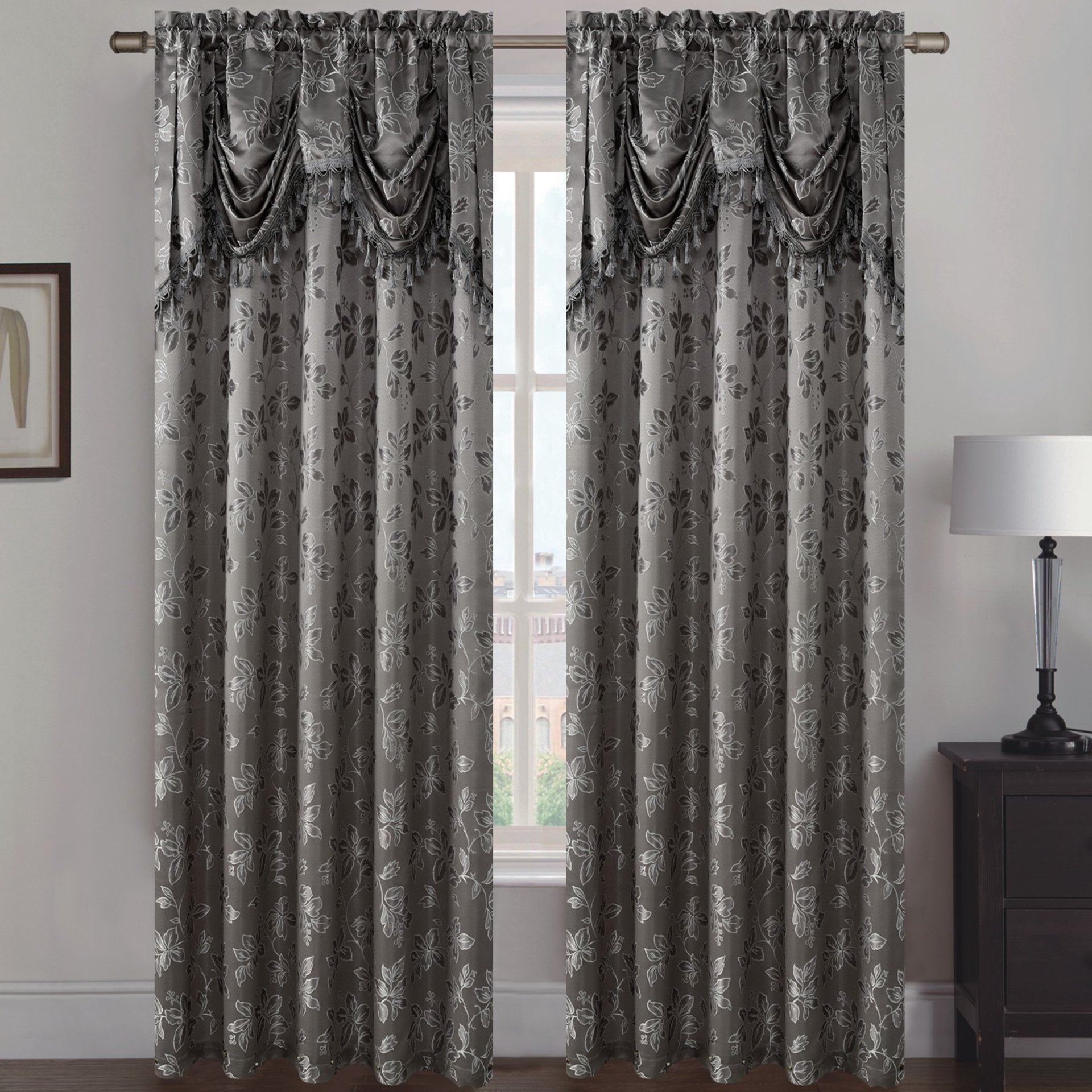 Shelly Jacquard Rod Pocket Panel Set of Two with Attached Valance, showcasing elegant fabric design and rich texture.