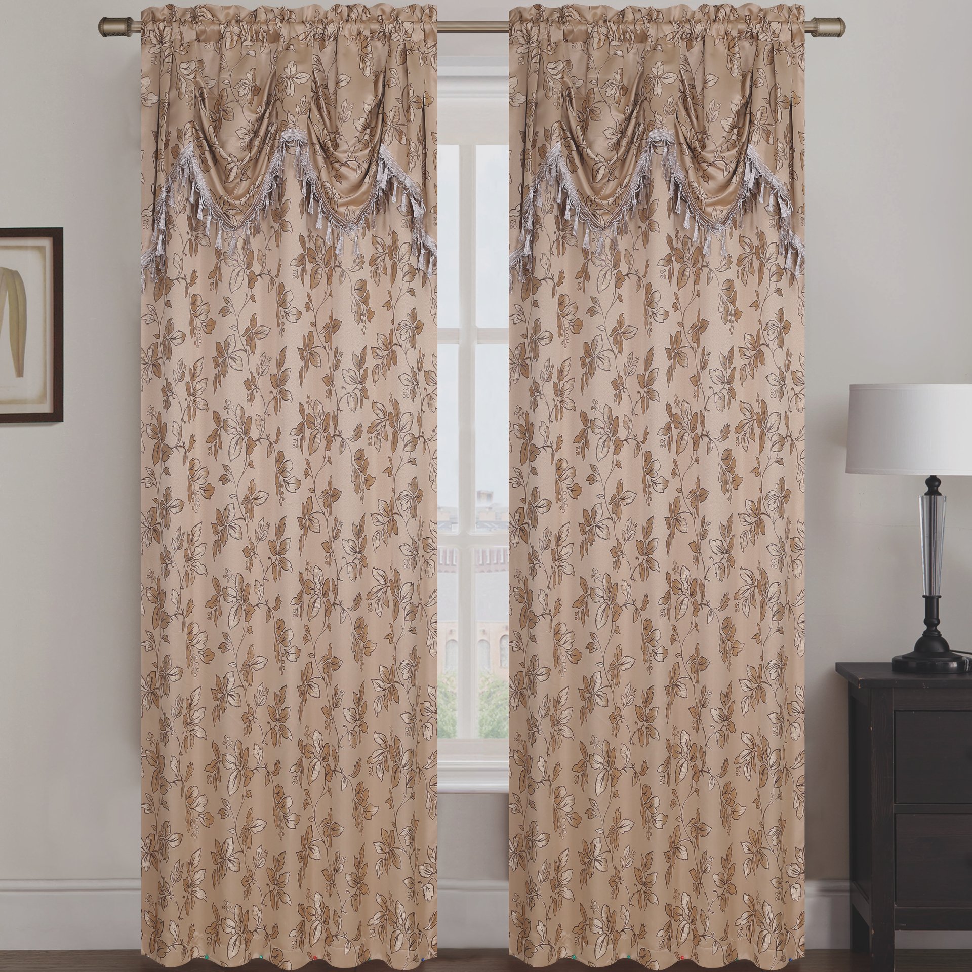 Shelly Jacquard Rod Pocket Panel Set of Two with Attached Valance, showcasing elegant fabric design and rich texture.