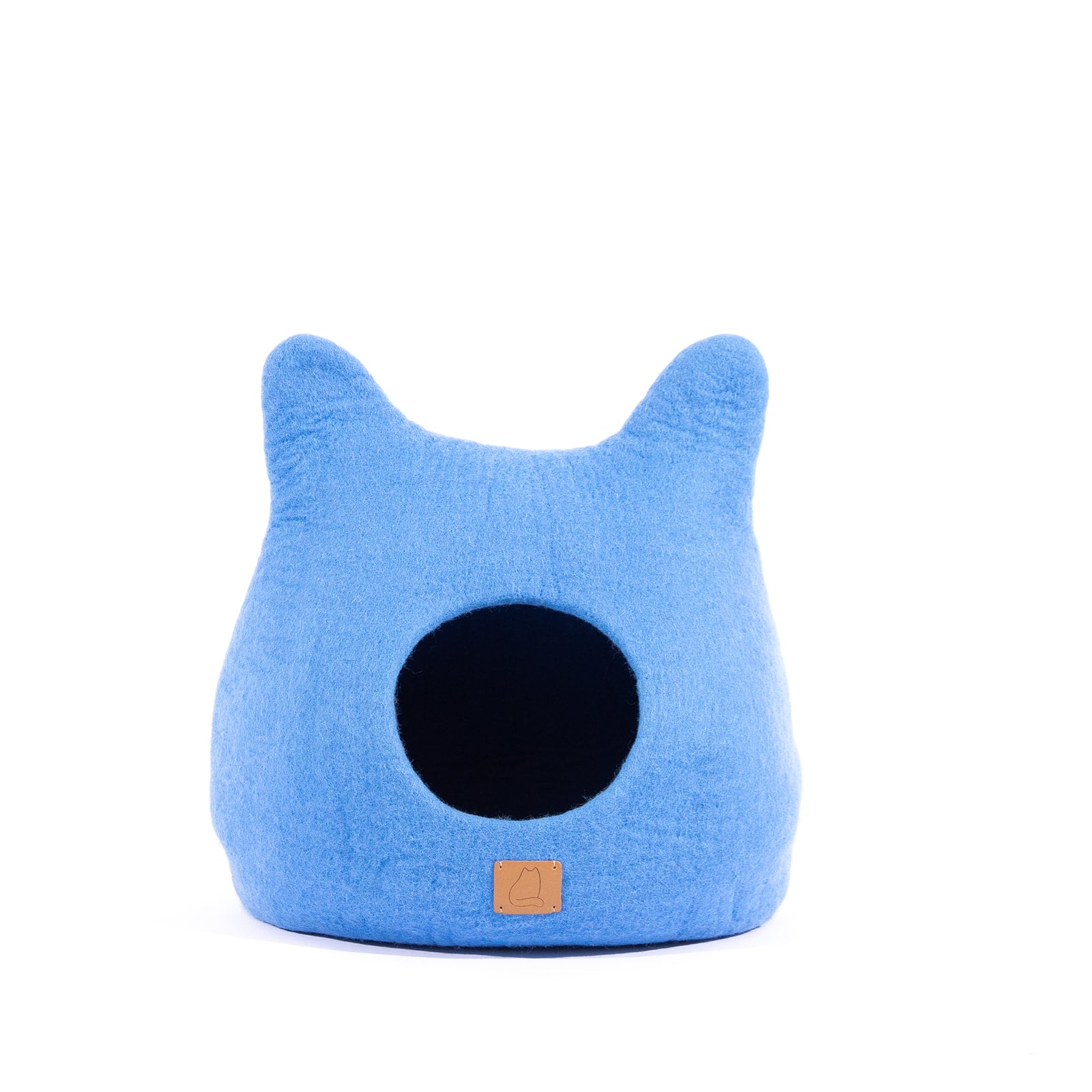 Sky Blue Ear Style Cave made of luxurious felted wool, featuring a cozy design perfect for cats of all sizes.