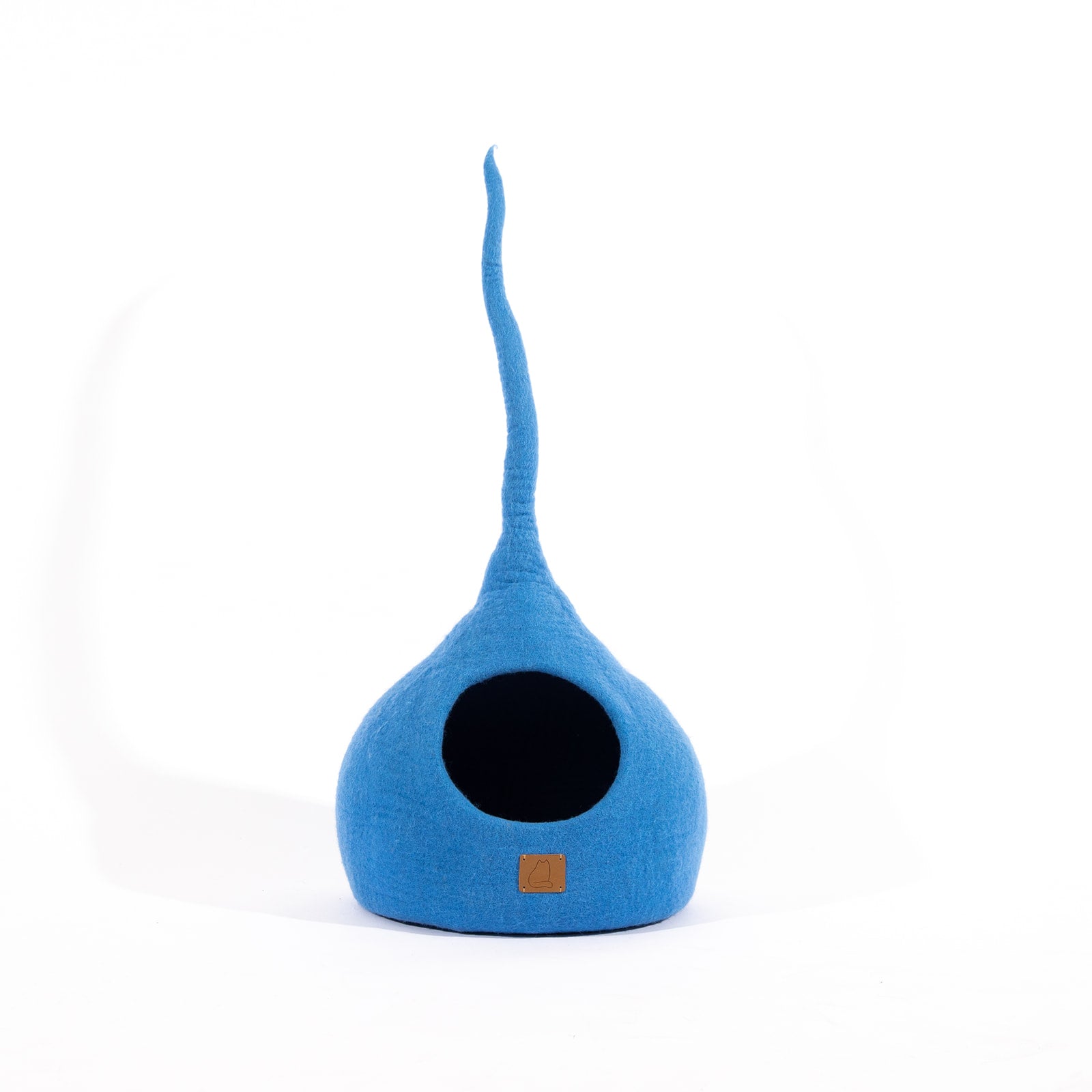 Sky Blue Tail Style Cave, a cozy and stylish cat bed made from felted wool, featuring a peekaboo entrance and modern design.