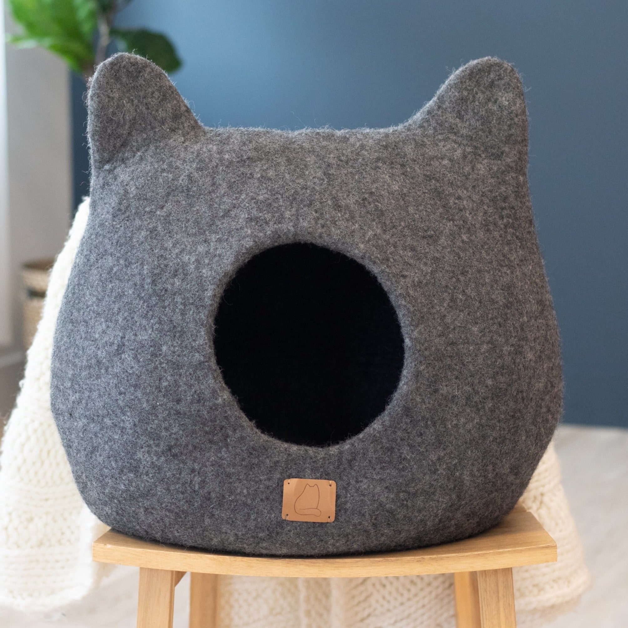 Stone Gray Ear Style Cave made of premium felted wool, featuring a cozy design with a peekaboo entrance, perfect for cats of all sizes.