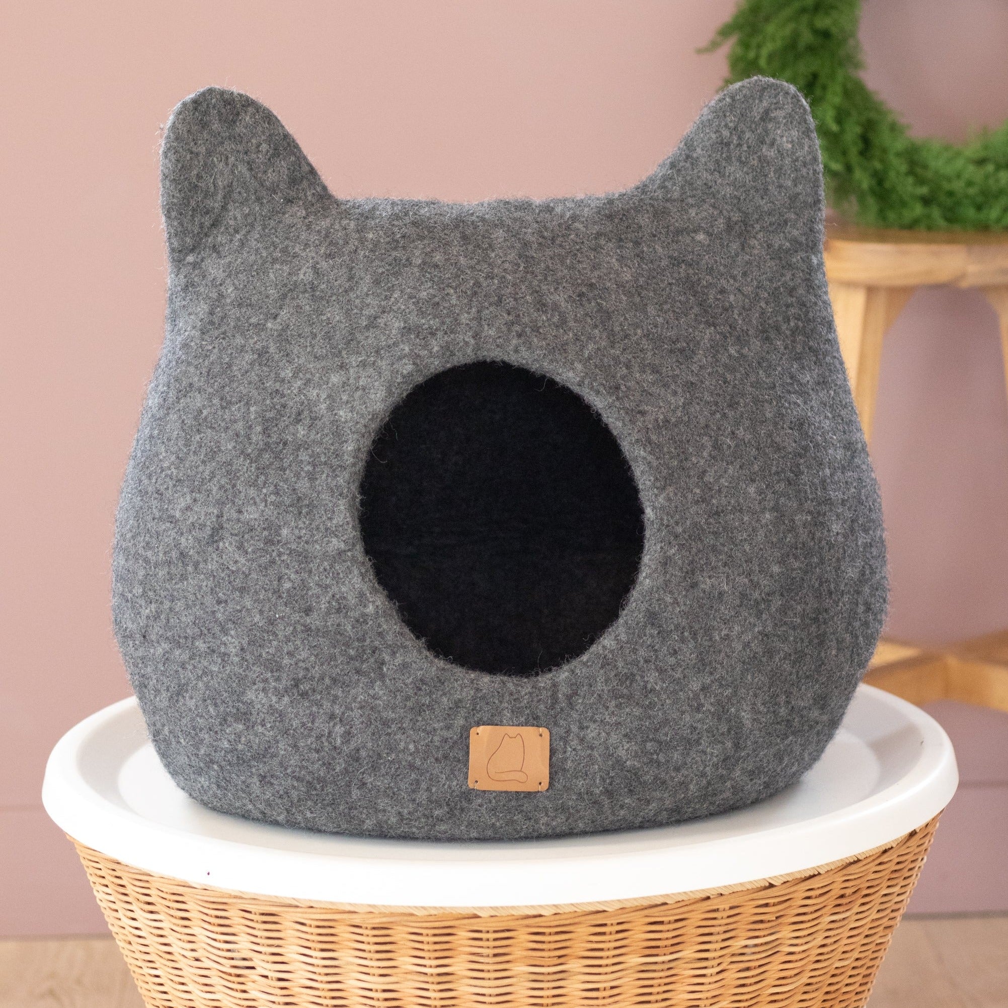 Stone Gray Ear Style Cave made of premium felted wool, featuring a cozy design with a peekaboo entrance, perfect for cats of all sizes.