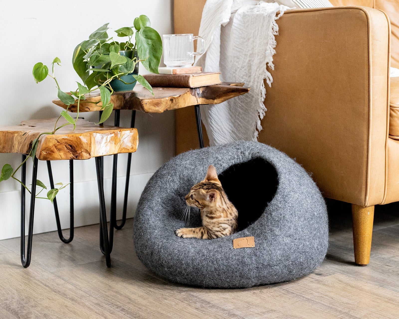 Stone Gray Round Style Cave, a cozy felted wool cat bed with a peekaboo design, perfect for cats of all sizes.