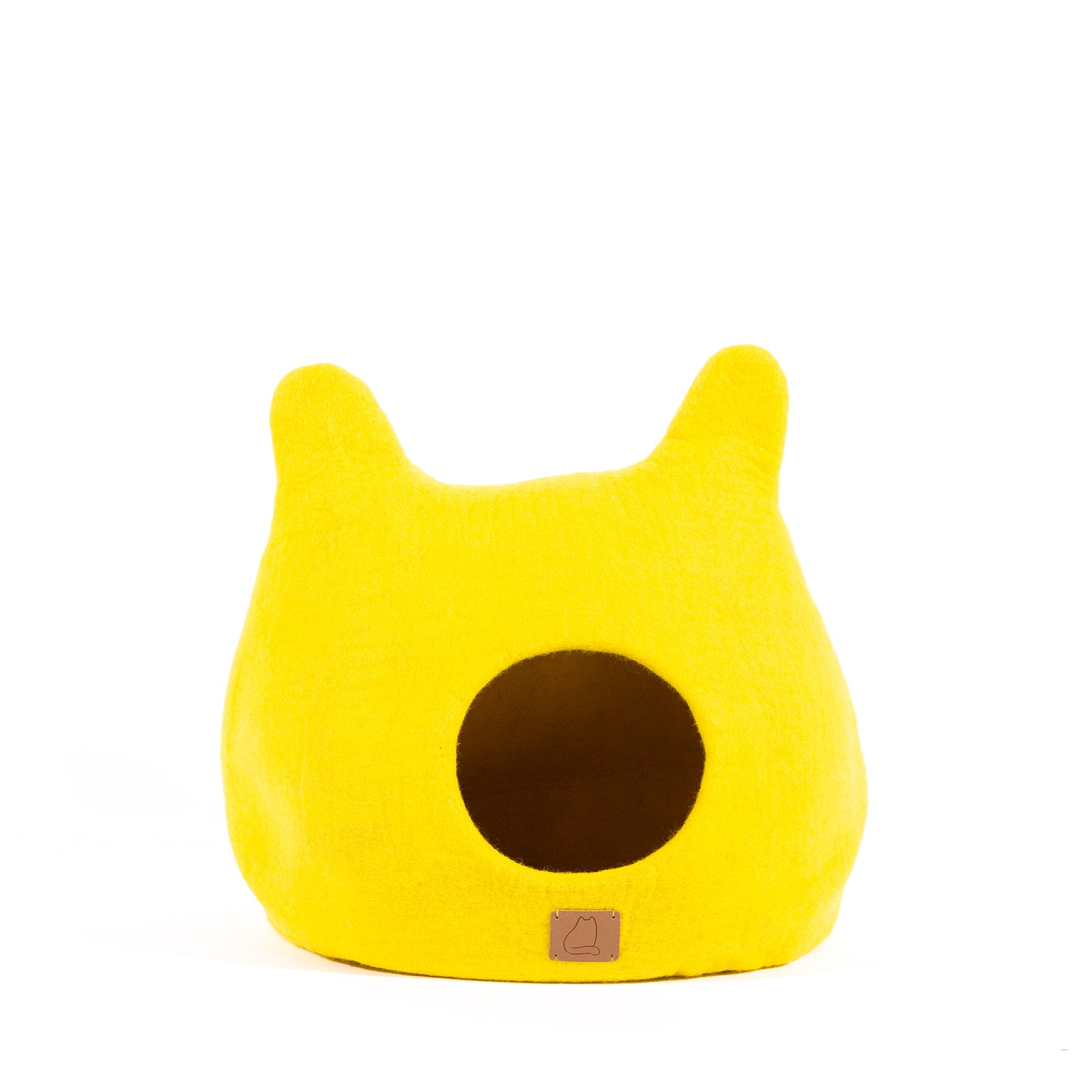 Sunny Yellow Ear Style Cave made of luxury felted wool, featuring a cozy design and peekaboo entrance, perfect for cats of all sizes.