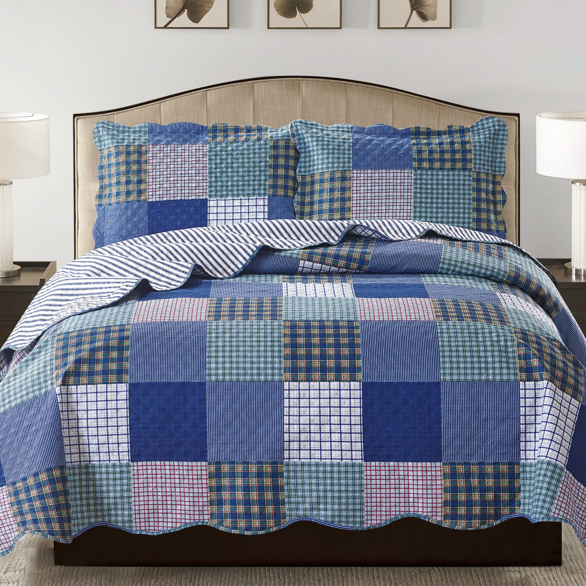 Suzy 3 Piece Quilt Set in Blue featuring a quilt and two matching pillow shams, showcasing a stylish design suitable for various bedroom styles.