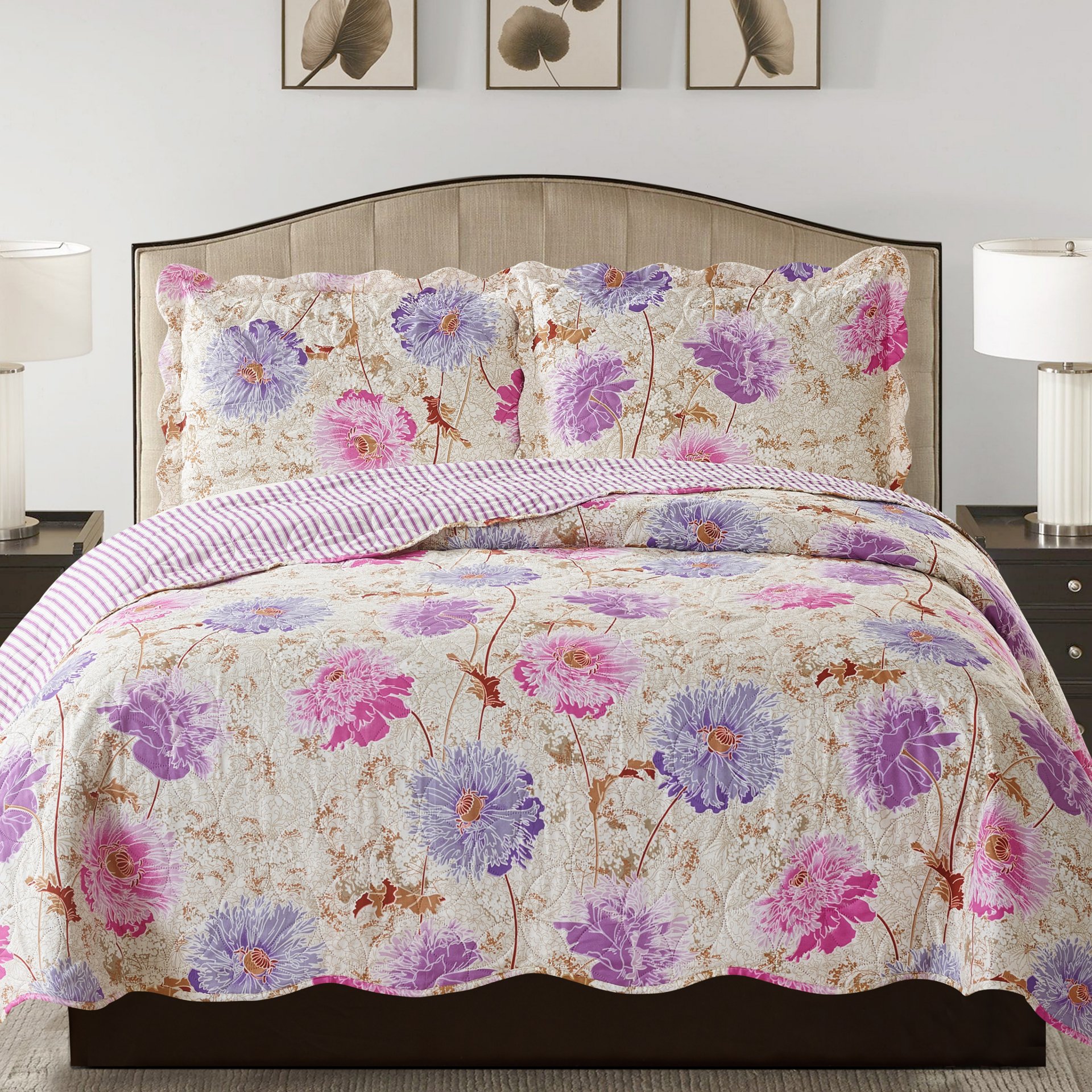 Suzy 3 Piece Quilt Set in Purple, featuring a quilt and two matching pillow shams, elegantly displayed on a bed.