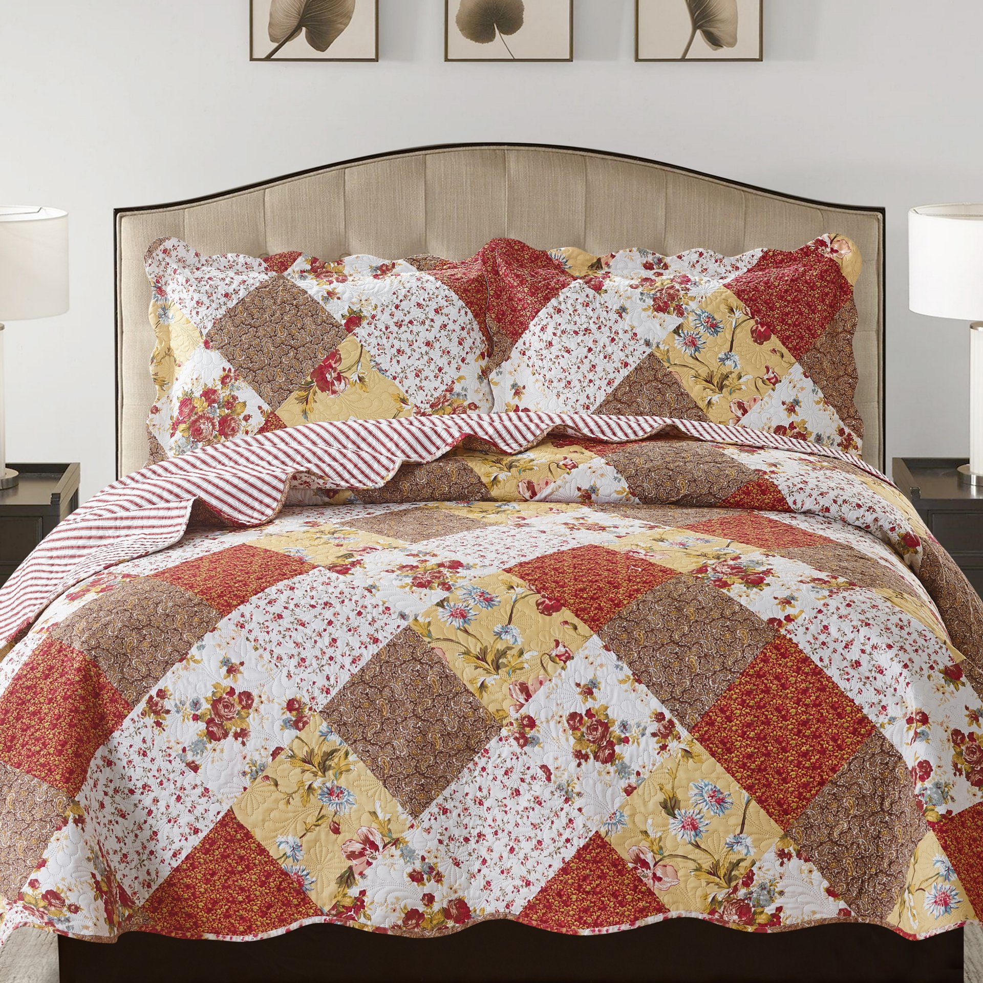 Suzy 3 Piece Quilt Set in Rust, featuring a quilt and two matching pillow shams, showcasing a warm rust color and soft polyester fabric.