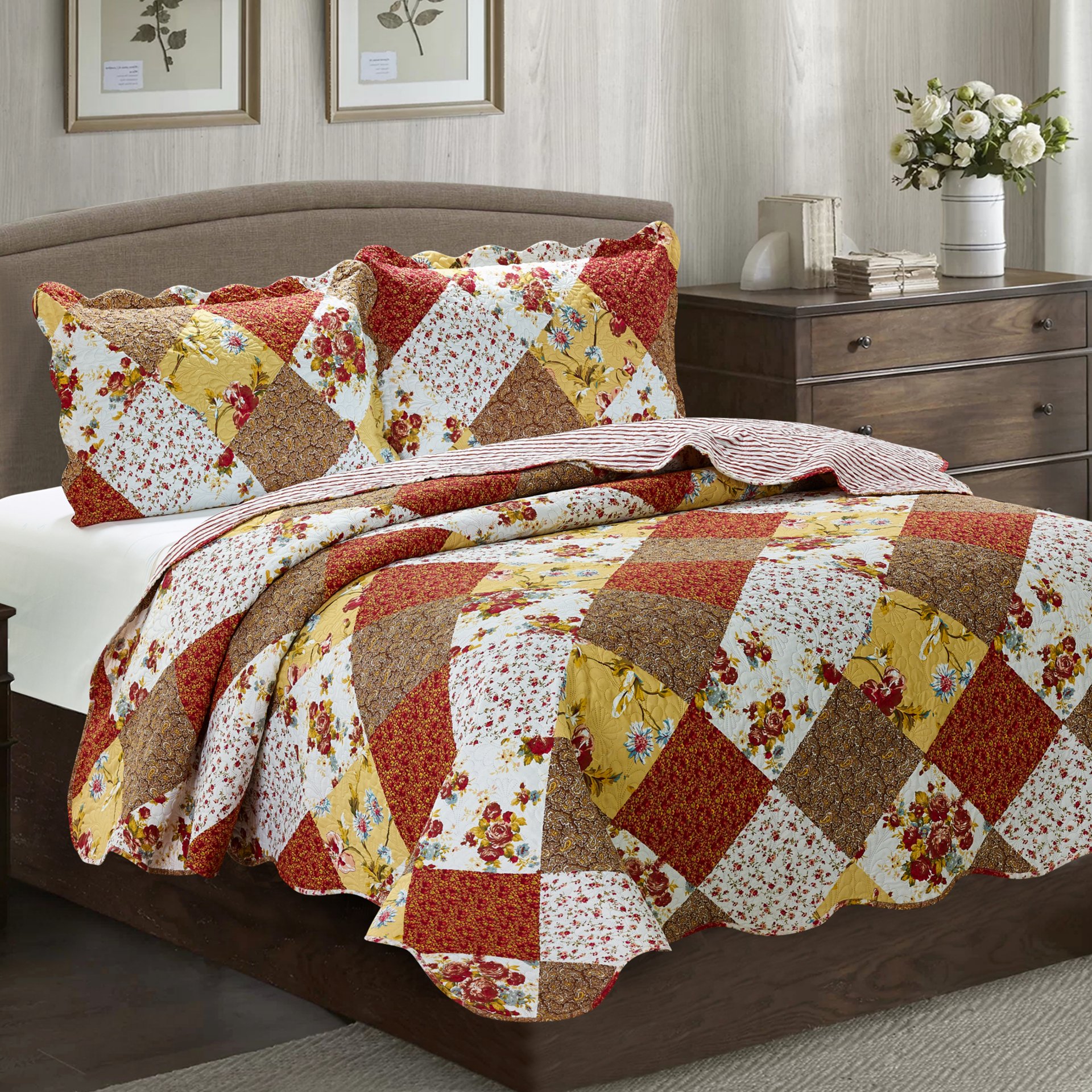 Suzy 3 Piece Quilt Set in Rust, featuring a quilt and two matching pillow shams, showcasing a warm rust color and soft polyester fabric.