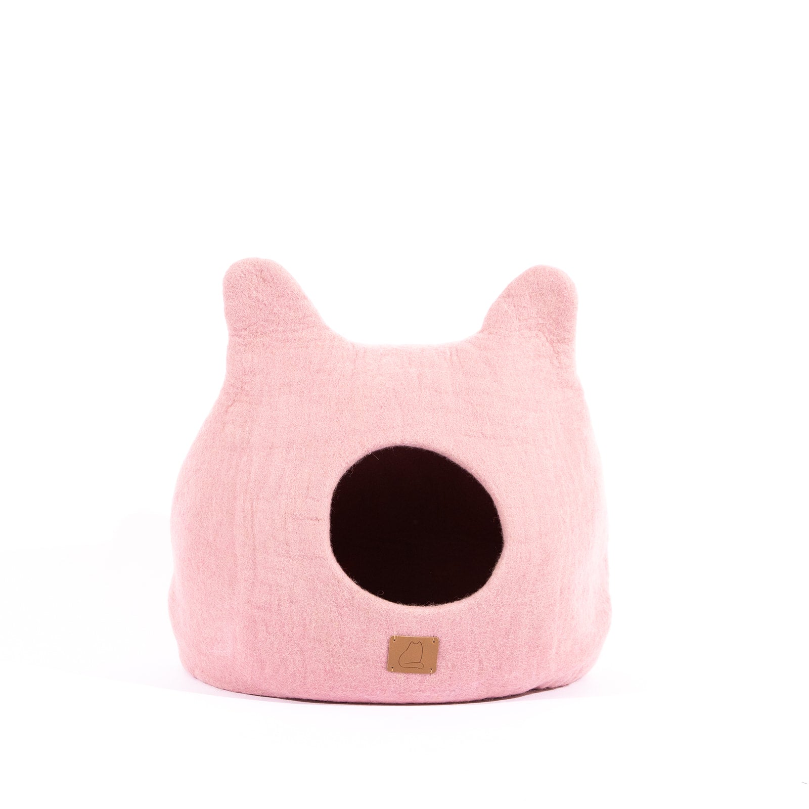 Valentine Pink Ear Style Cave made of luxury felted wool, featuring a cozy peekaboo design, perfect for cats of all sizes.