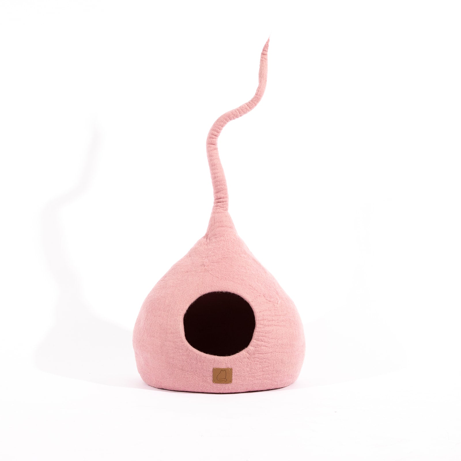 Valentine Pink Tail Style Cave, a cozy and stylish cat bed made from felted wool, featuring a peekaboo entrance and a modern design.