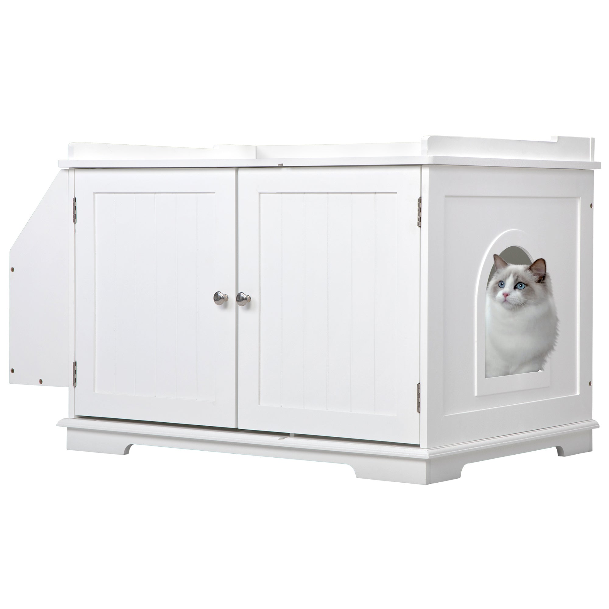 Wooden Cat Litter Box Enclosure with Magazine Rack, featuring a stylish design in grey and white, perfect for living rooms.