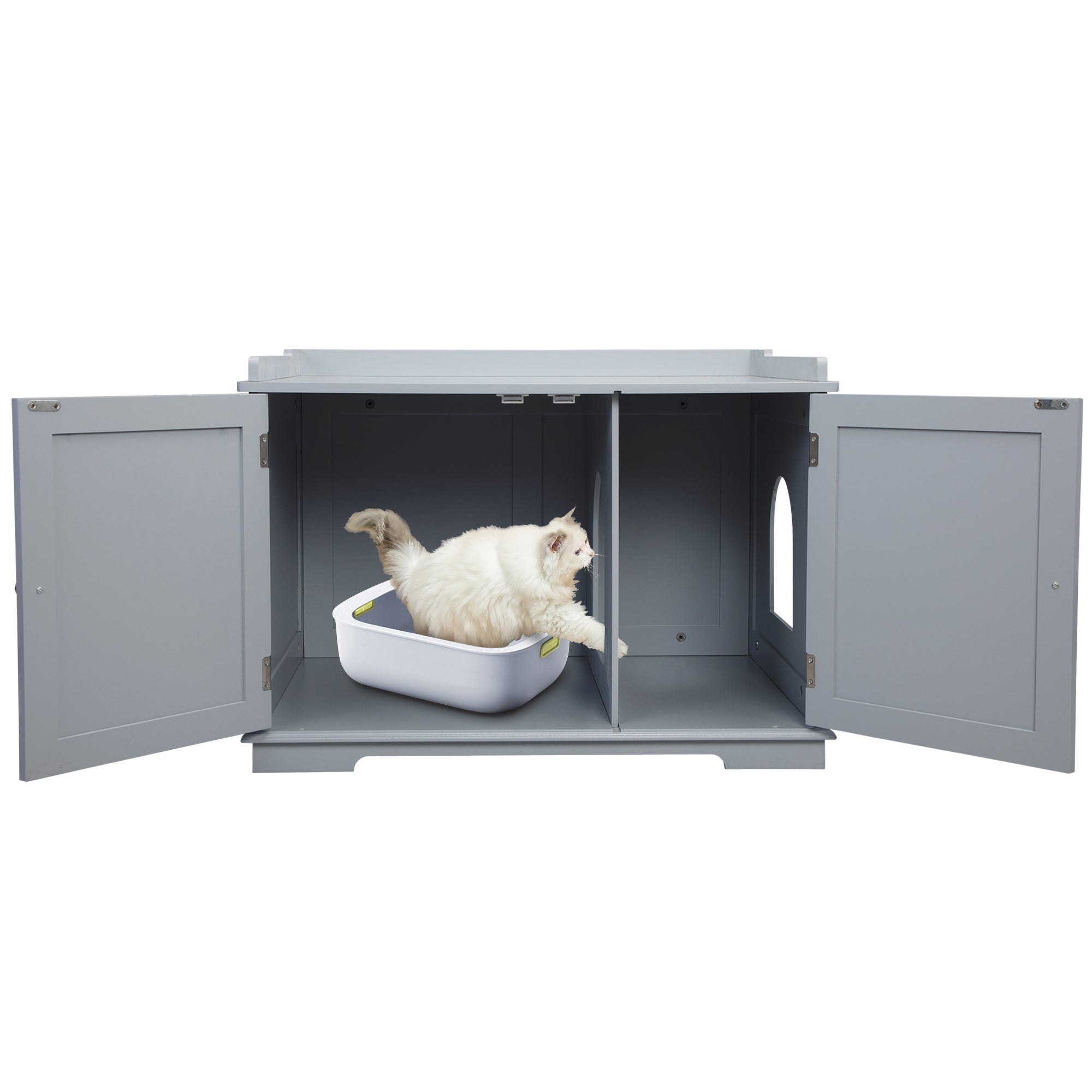 Wooden Cat Litter Box Enclosure with Magazine Rack, featuring a stylish design in grey and white, perfect for living rooms.