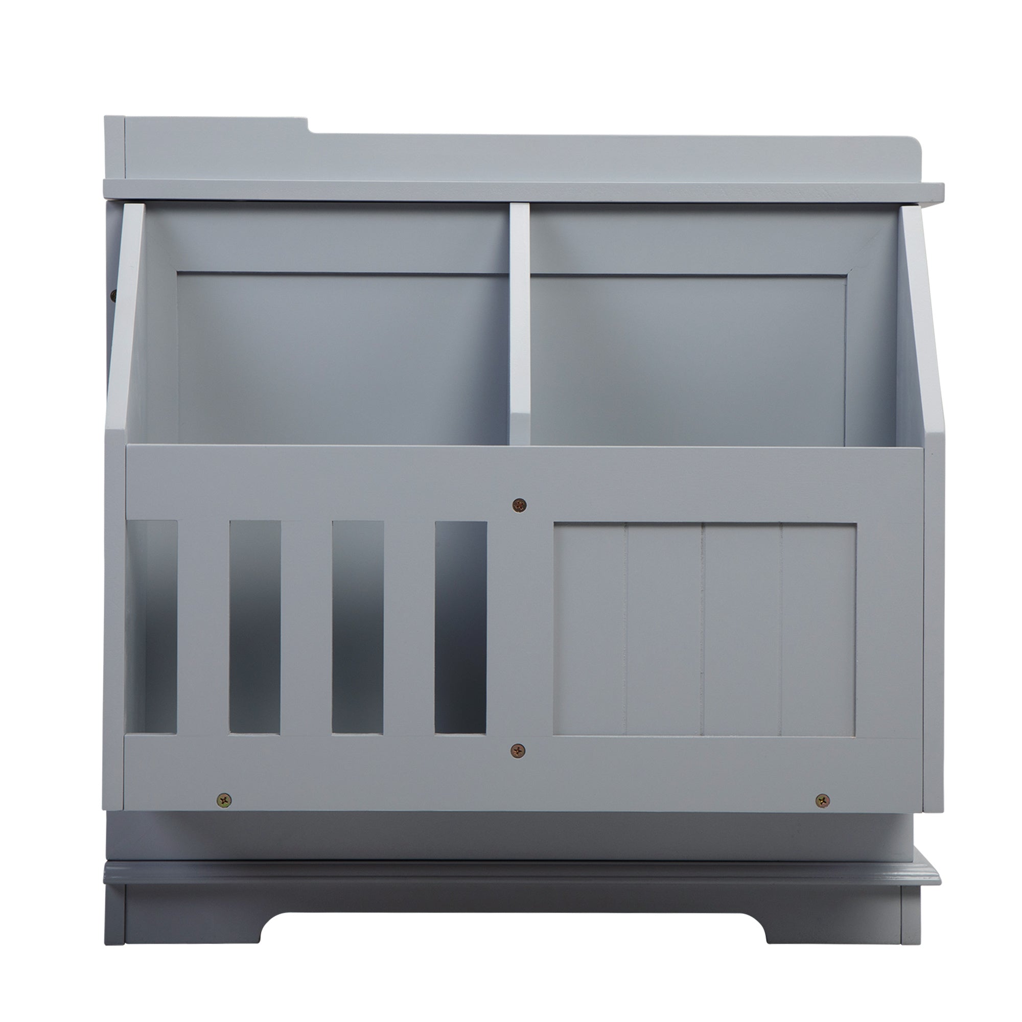 Wooden Cat Litter Box Enclosure with Magazine Rack, featuring a stylish design in grey and white, perfect for living rooms.