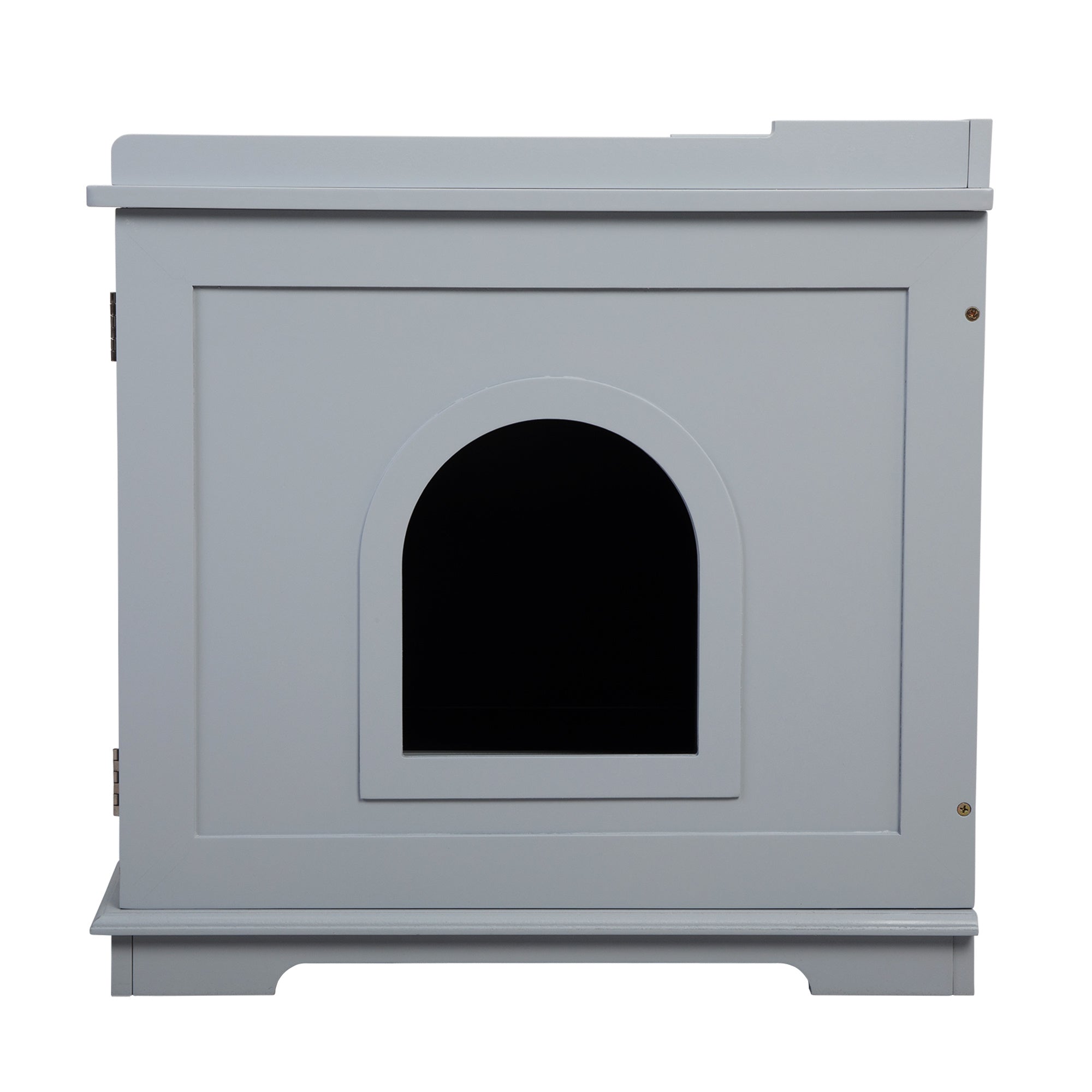 Wooden Cat Litter Box Enclosure with Magazine Rack, featuring a stylish design in grey and white, perfect for living rooms.