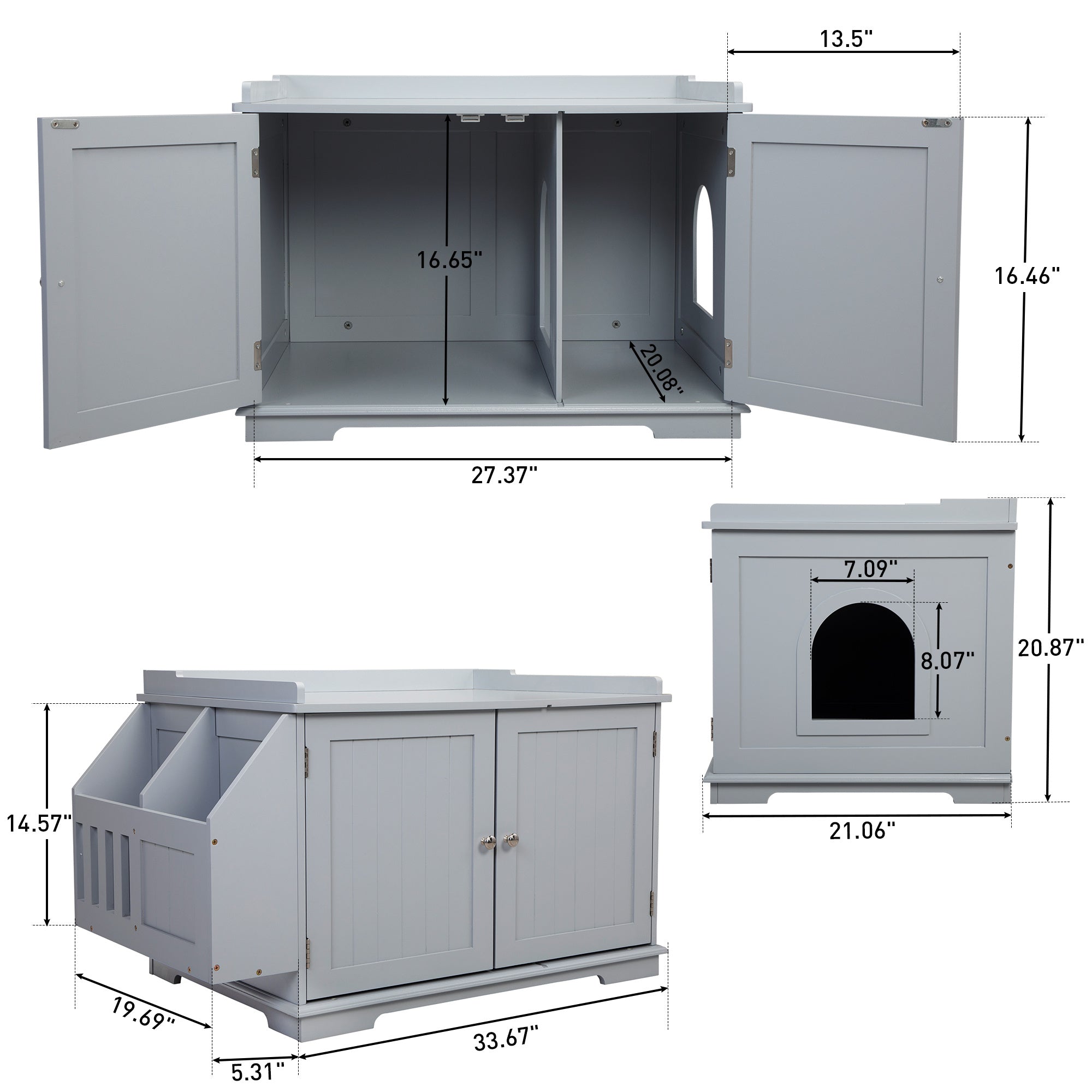 Wooden Cat Litter Box Enclosure with Magazine Rack, featuring a stylish design in grey and white, perfect for living rooms.