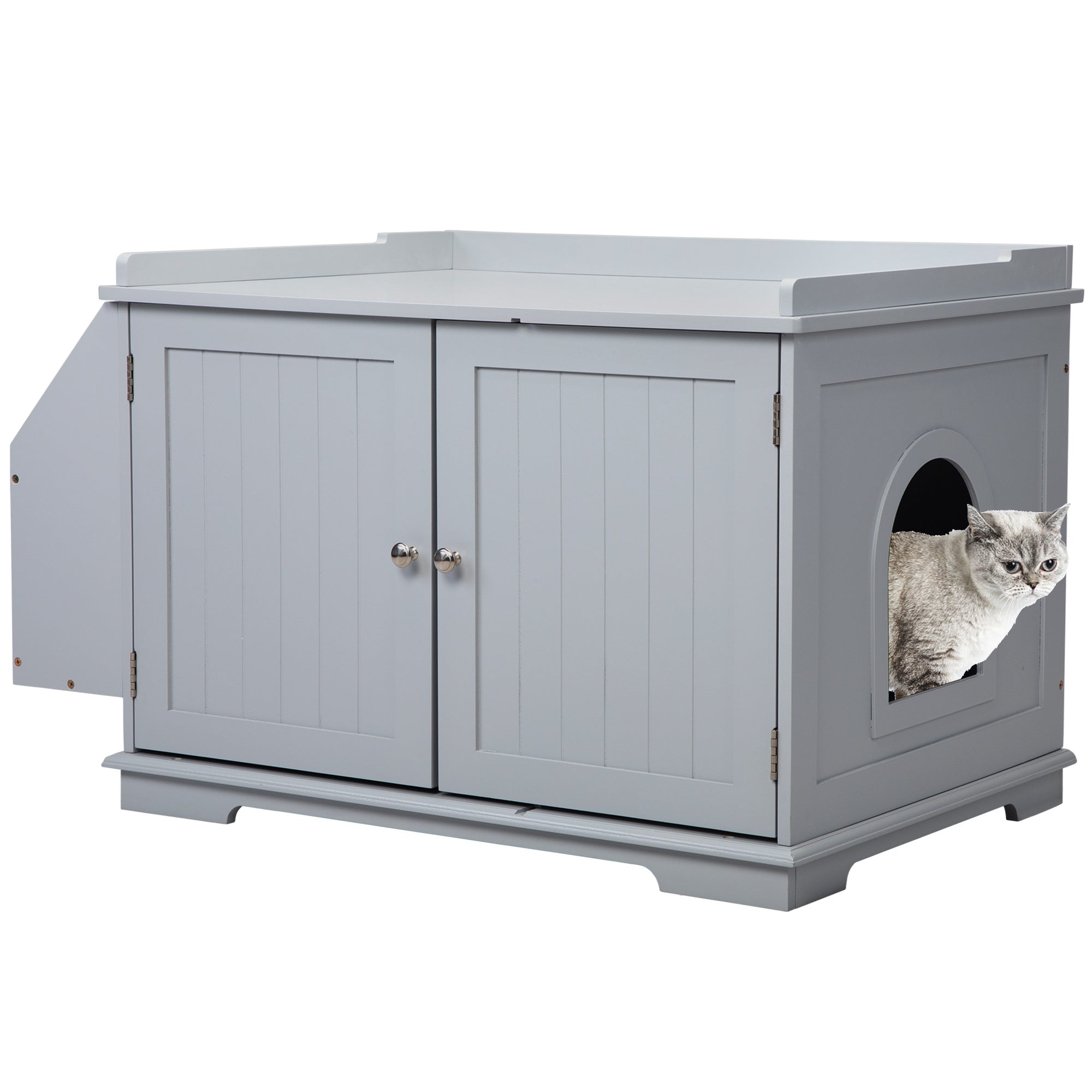 Wooden Cat Litter Box Enclosure with Magazine Rack, featuring a stylish design in grey and white, perfect for living rooms.