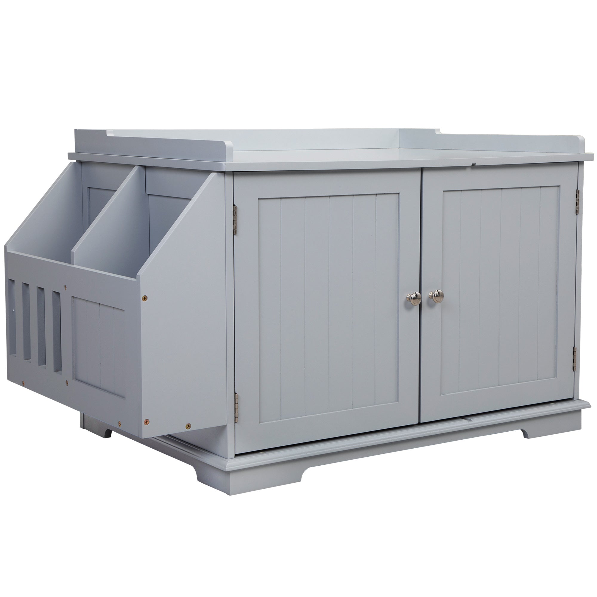 Wooden Cat Litter Box Enclosure with Magazine Rack, featuring a stylish design in grey and white, perfect for living rooms.