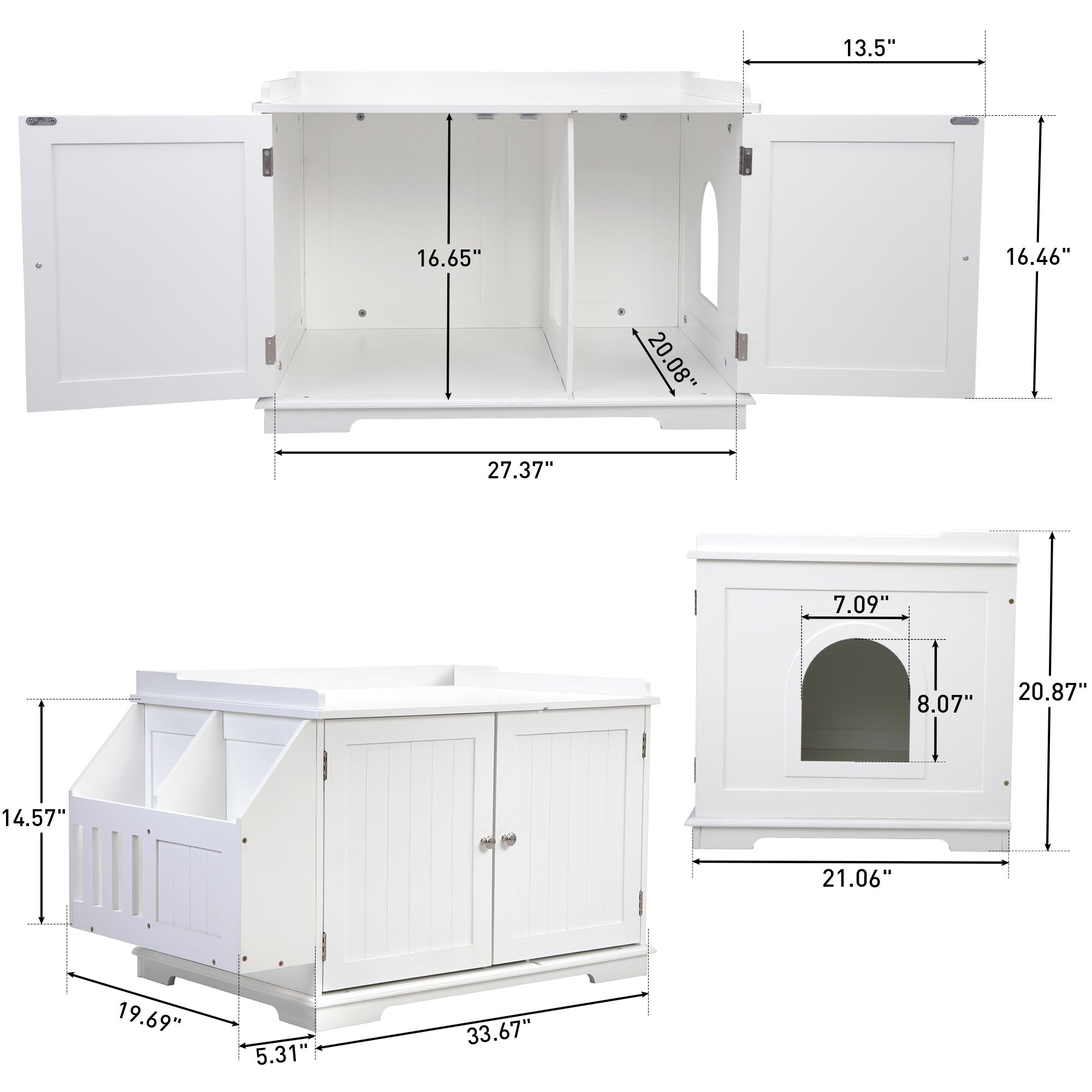 Wooden Cat Litter Box Enclosure with Magazine Rack, featuring a stylish design in grey and white, perfect for living rooms.