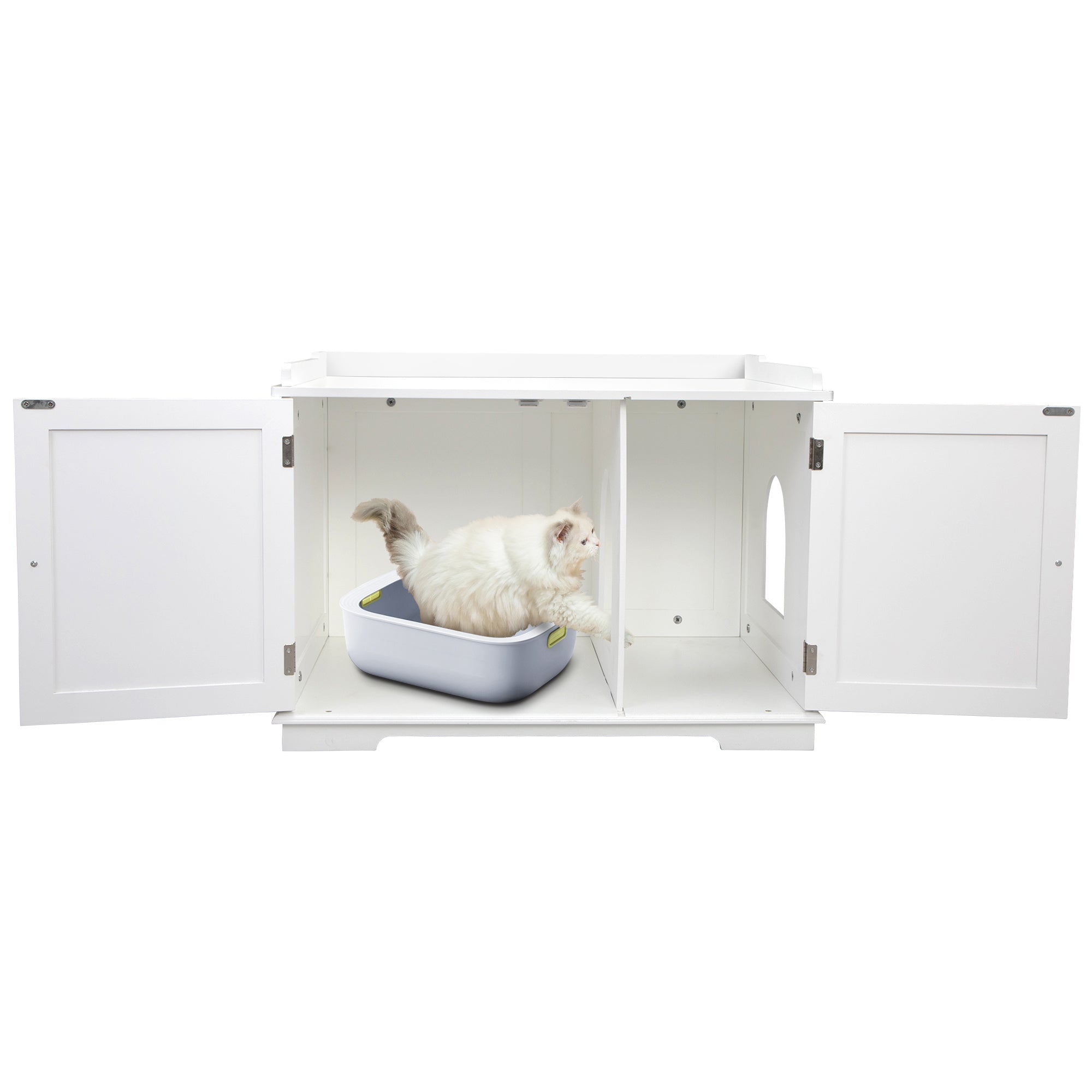 Wooden Cat Litter Box Enclosure with Magazine Rack, featuring a stylish design in grey and white, perfect for living rooms.