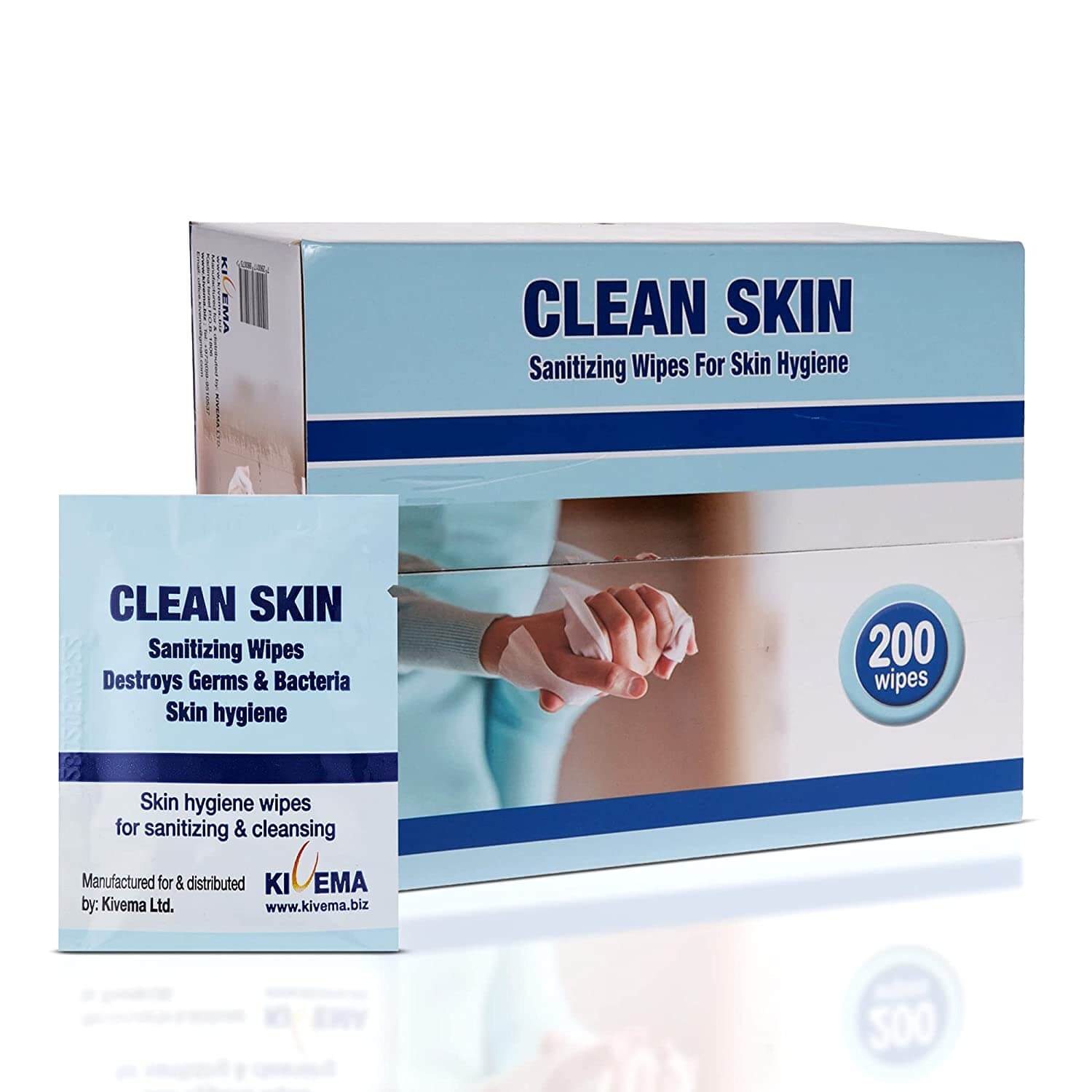 Kivema 200-Count Sanitizing Hand Wipes in a box, showcasing individually wrapped wipes for hygiene and convenience.