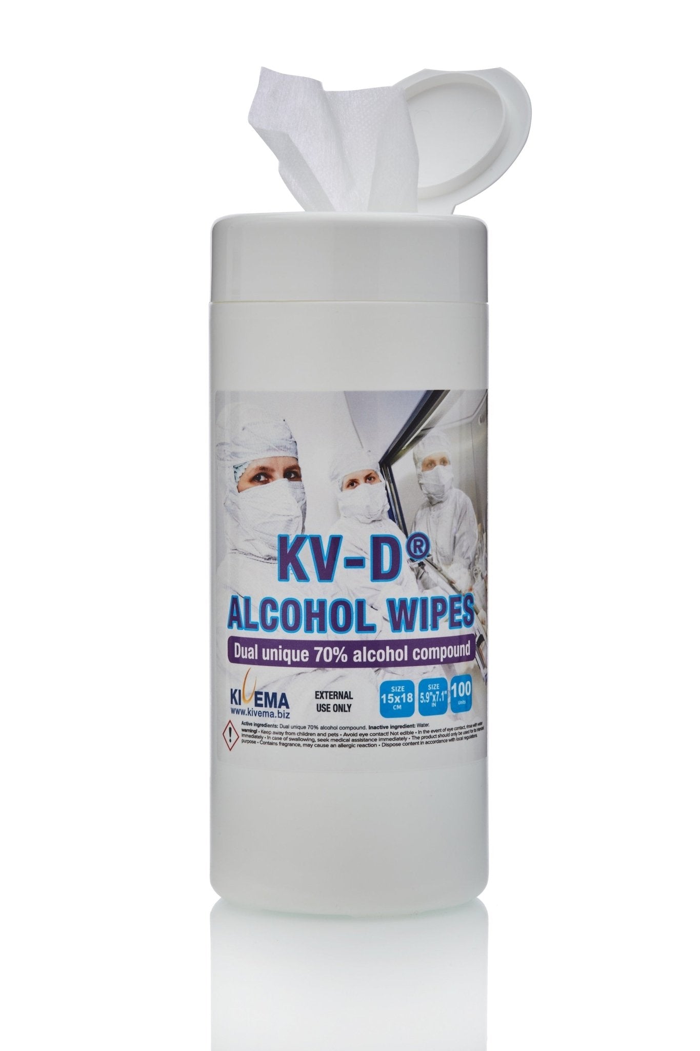 KV D Wipes pack showcasing various counts of 70% alcohol wipes for effective cleaning.