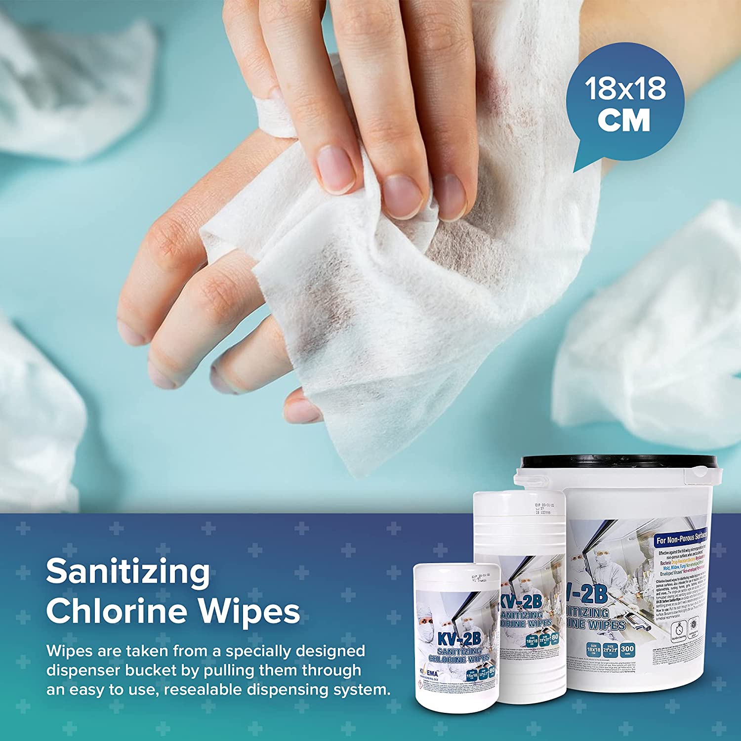 A canister of 80 Chlorine Cloth Method antibacterial wipes, showcasing the automatic center-pull dispensing feature and moisture-lock lid.