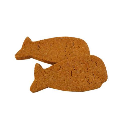 A case of 24 low-fat Alaskan salmon treats for pets, featuring a 2.75-inch size, made with wild-caught salmon and cage-free eggs.