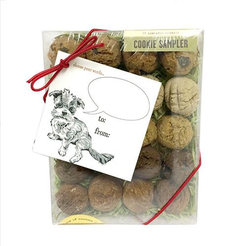 Any Occasion Gift Card Box containing 20 assorted cookie varieties with a handmade gift tag.