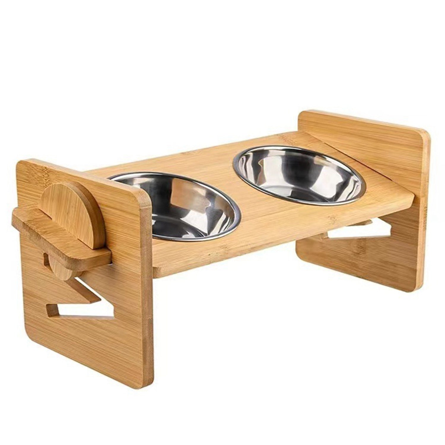 Bamboo Double Dog Raised Bowls with stainless steel bowls, featuring a 15-degree tilt for comfortable pet feeding.