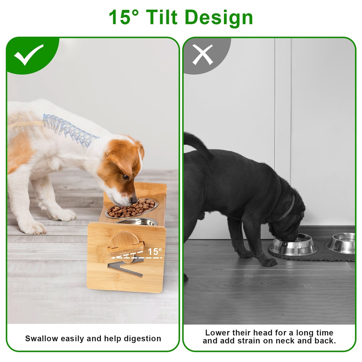 Bamboo Double Dog Raised Bowls with stainless steel bowls, featuring a 15-degree tilt for comfortable pet feeding.