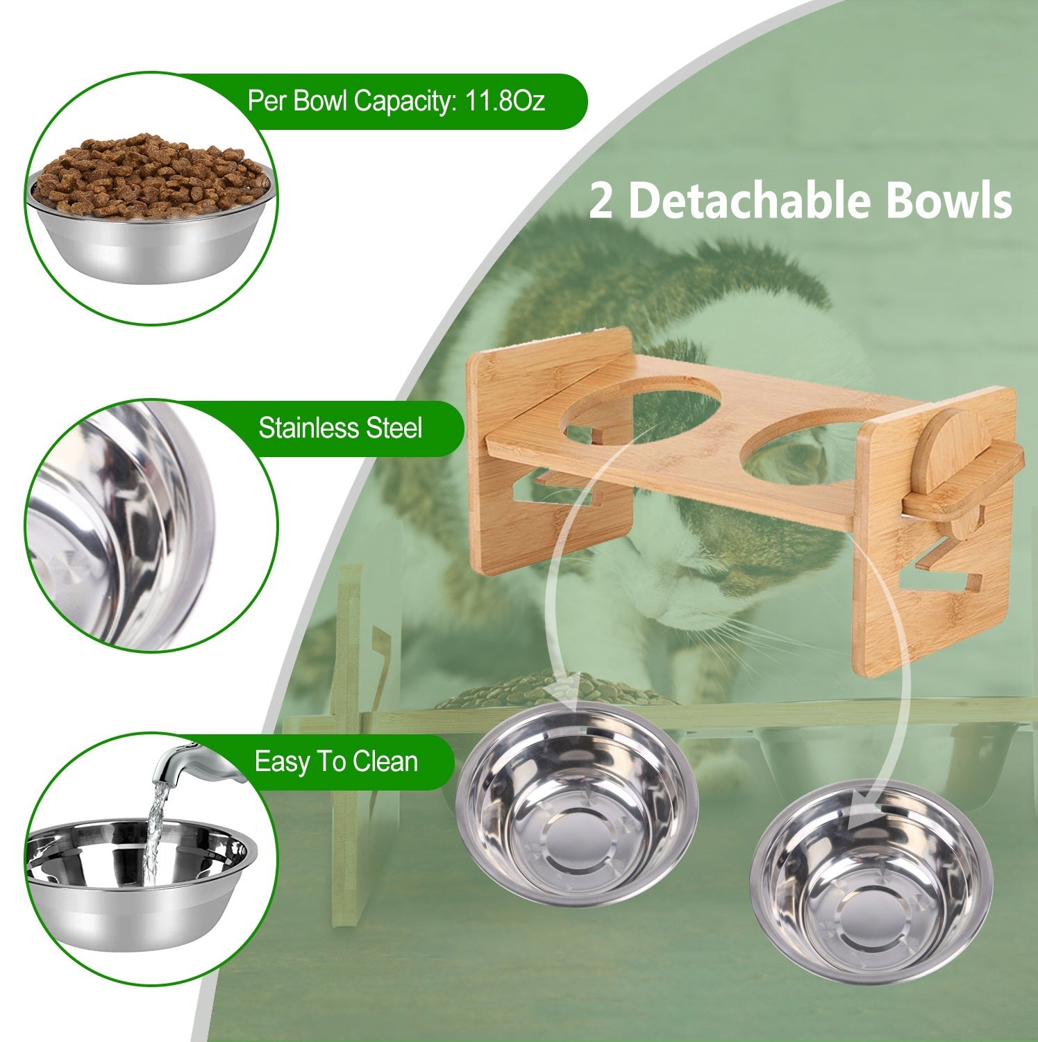 Bamboo Double Dog Raised Bowls with stainless steel bowls, featuring a 15-degree tilt for comfortable pet feeding.