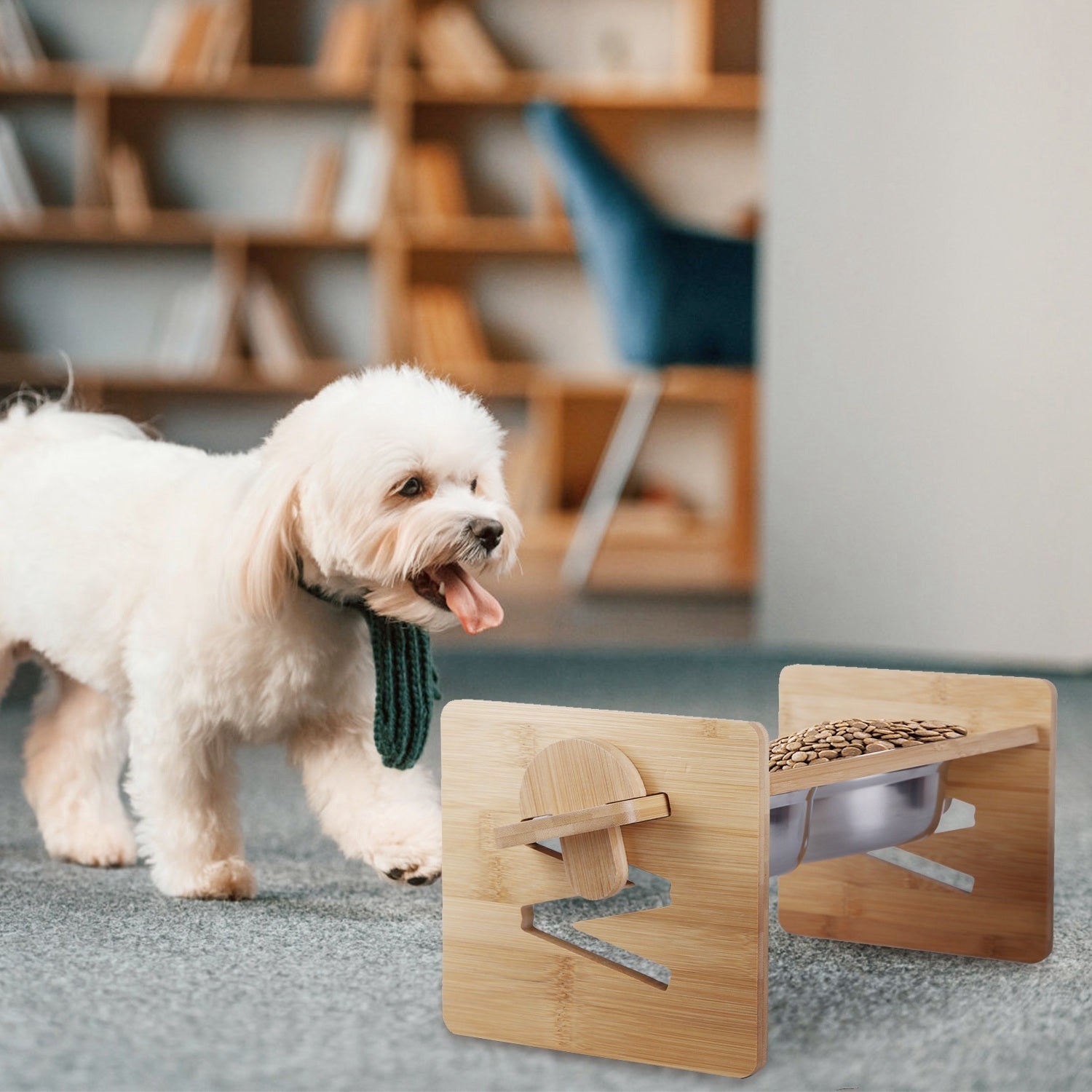 Bamboo Double Dog Raised Bowls with stainless steel bowls, featuring a 15-degree tilt for comfortable pet feeding.