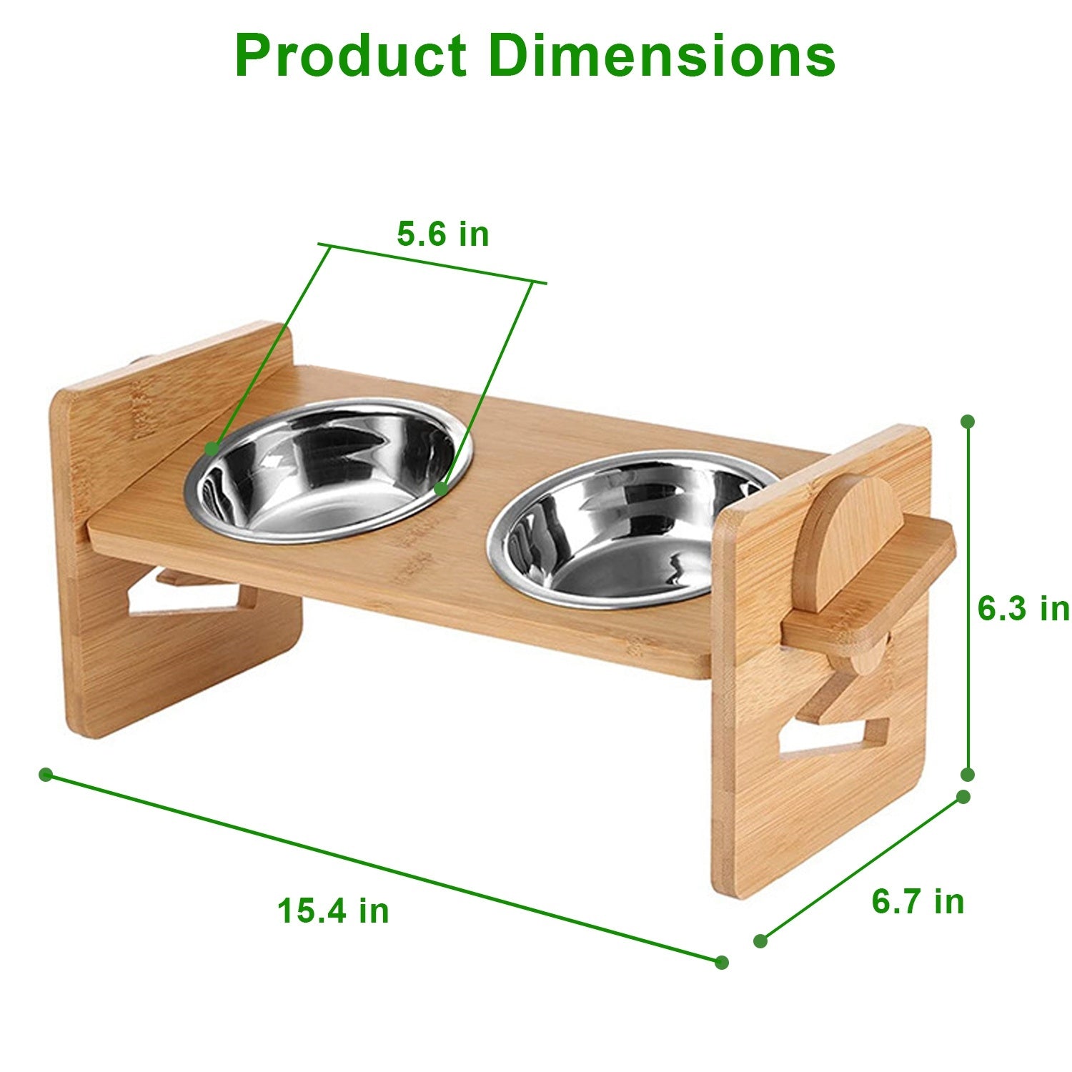 Bamboo Double Dog Raised Bowls with stainless steel bowls, featuring a 15-degree tilt for comfortable pet feeding.