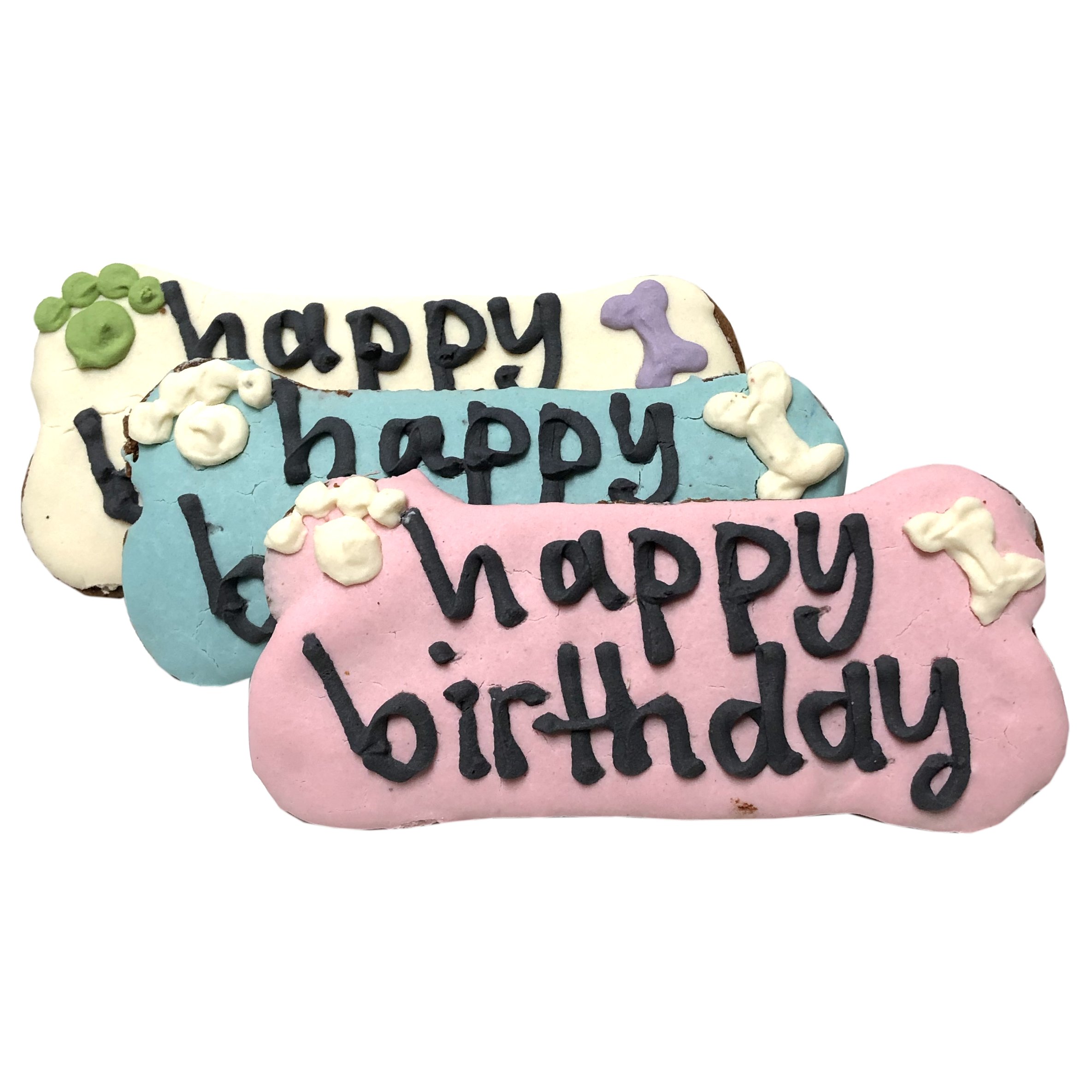 A pack of Birthday Bones dog treats, shaped like bones and topped with yogurt coating, featuring a peanut butter flavor, perfect for celebrating pet birthdays.