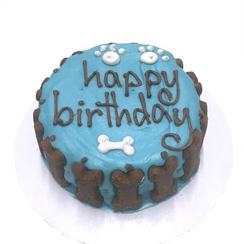 A beautifully decorated Blue Dog Cake for dogs, featuring a soft peanut butter banana base and a blue yogurt coating, perfect for dog birthday celebrations.