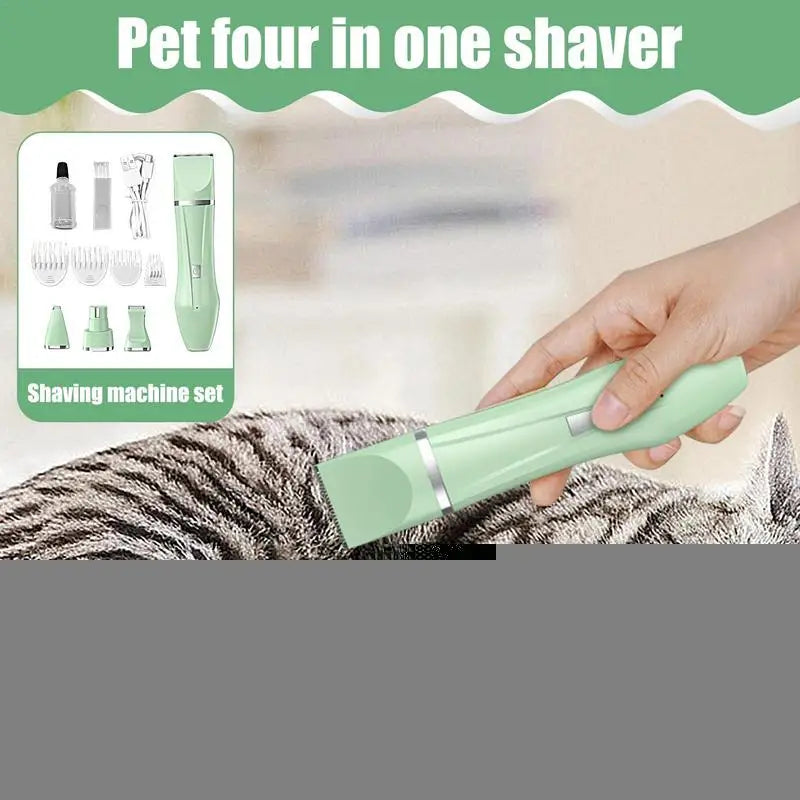 A Cat Foot Hair Trimmer with four interchangeable heads, designed for precise grooming of pets, featuring a sleek ergonomic design.