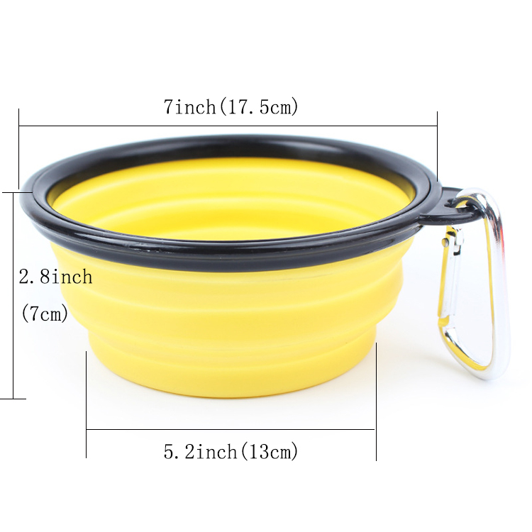 Collapsible Silicone Travel Pet Bowl in blue and yellow, designed for easy transport and storage, perfect for feeding pets on the go.