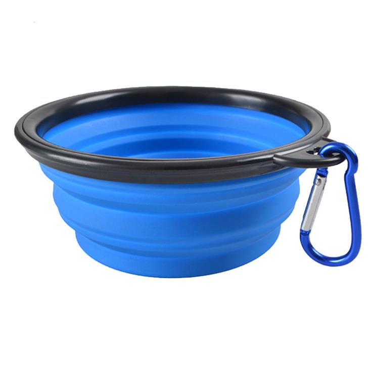 Collapsible Silicone Travel Pet Bowl in blue and yellow, designed for easy transport and storage, perfect for feeding pets on the go.