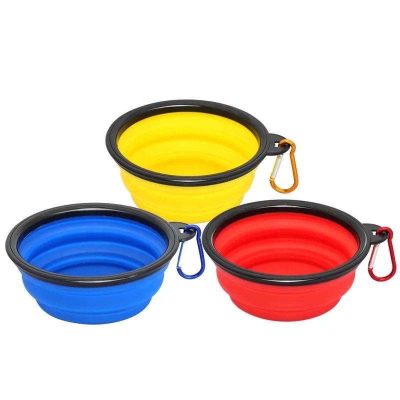 Collapsible Silicone Travel Pet Bowl in blue and yellow, designed for easy transport and storage, perfect for feeding pets on the go.