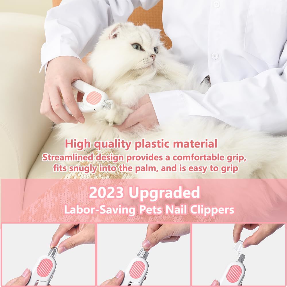 Dog and cat nail clippers with LED light, showcasing ergonomic design and stainless steel blades for safe pet grooming.