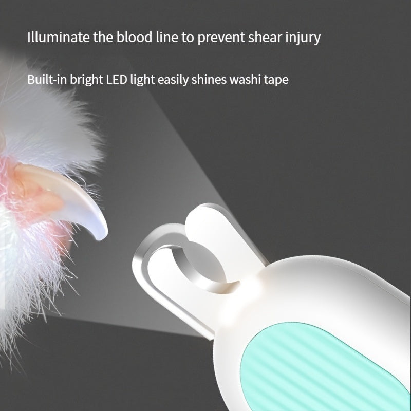 Dog and cat nail clippers with LED light, showcasing ergonomic design and stainless steel blades for safe pet grooming.