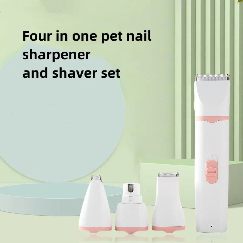 A set of 4-in-1 cordless electric dog hair clippers with various cutter heads and accessories for grooming and nail cutting.