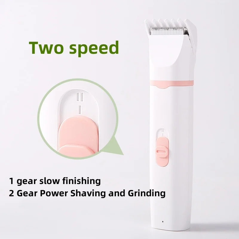 A set of 4-in-1 cordless electric dog hair clippers with various cutter heads and accessories for grooming and nail cutting.