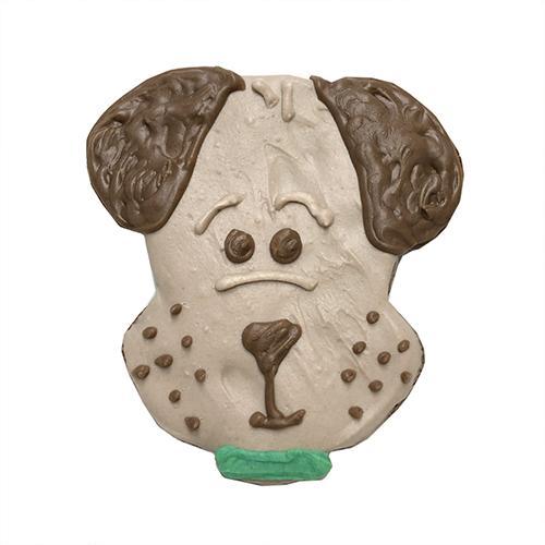 A box of 12 adorable dog head cookies made from peanut butter, featuring a yogurt coating and colorful vegetable coloring.