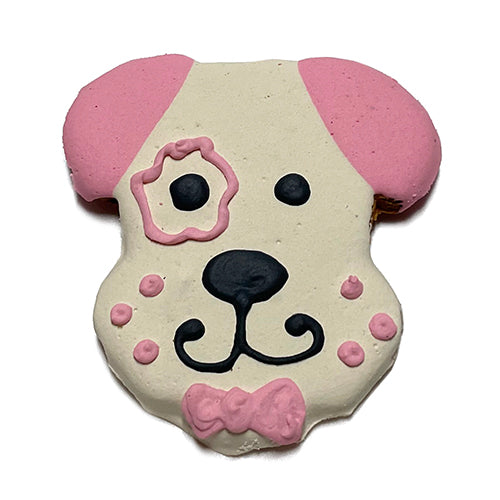 A box of 12 adorable dog head cookies made from peanut butter, featuring a yogurt coating and colorful vegetable coloring.