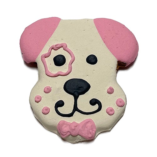 A box of 12 adorable dog head cookies made from peanut butter, featuring a yogurt coating and colorful vegetable coloring.