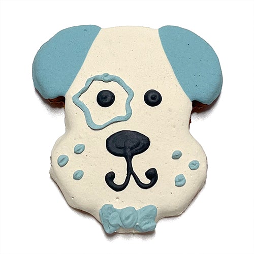 A box of 12 adorable dog head cookies made from peanut butter, featuring a yogurt coating and colorful vegetable coloring.