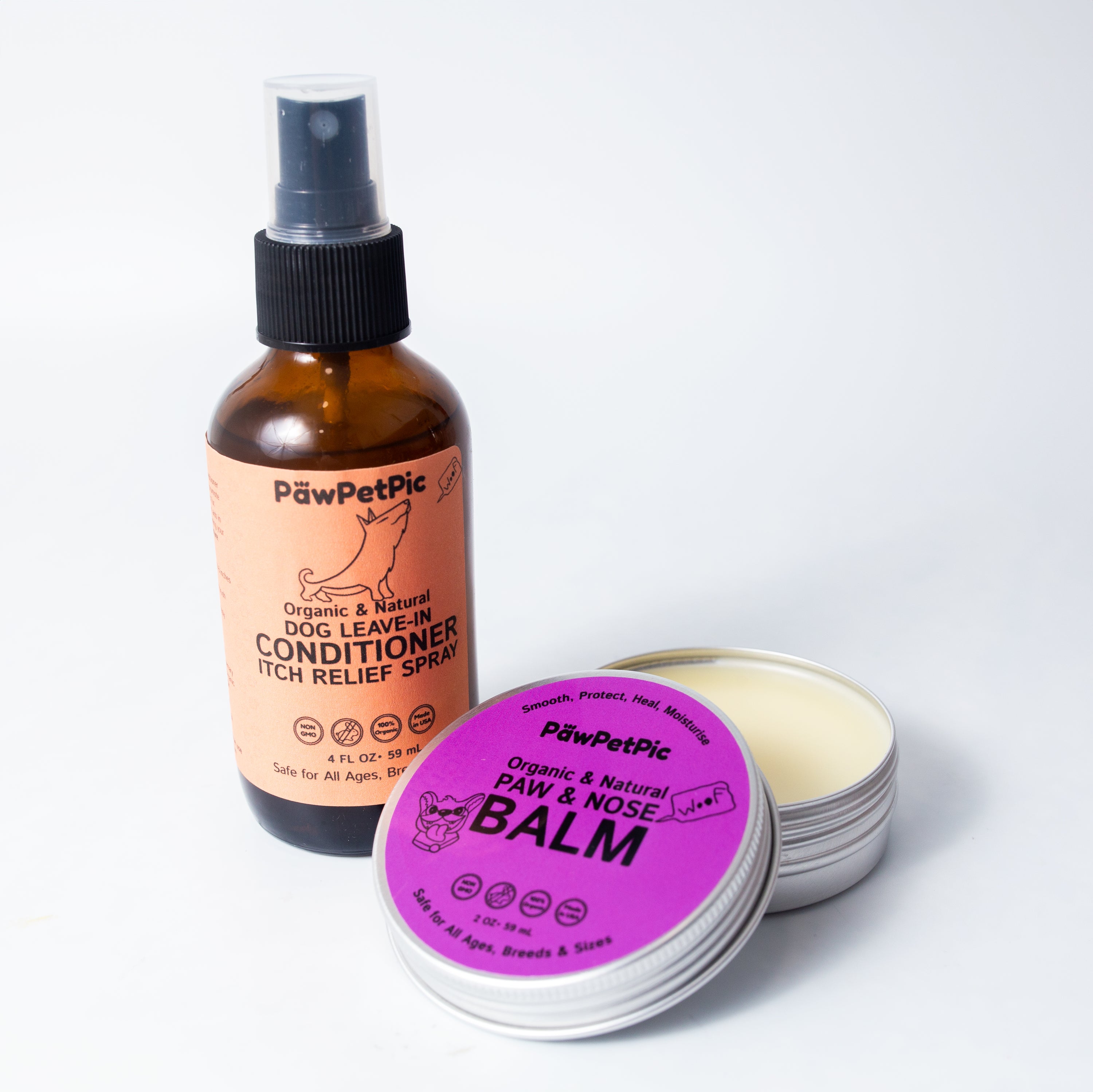 A premium dog skin conditioner bottle alongside a soothing paw and nose balm, designed for sensitive skin and paws.