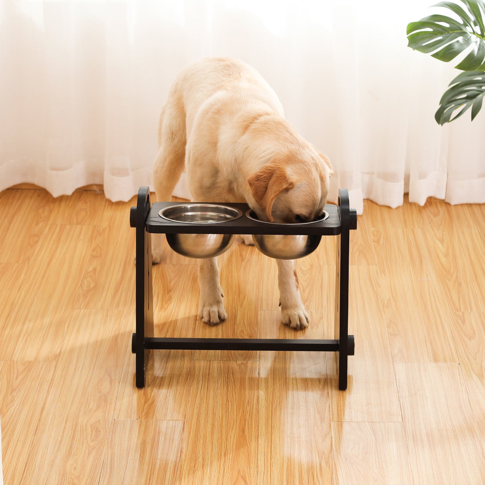 Elevated dog bowls made of solid wood and stainless steel, adjustable heights for medium to large dogs, promoting healthy eating.